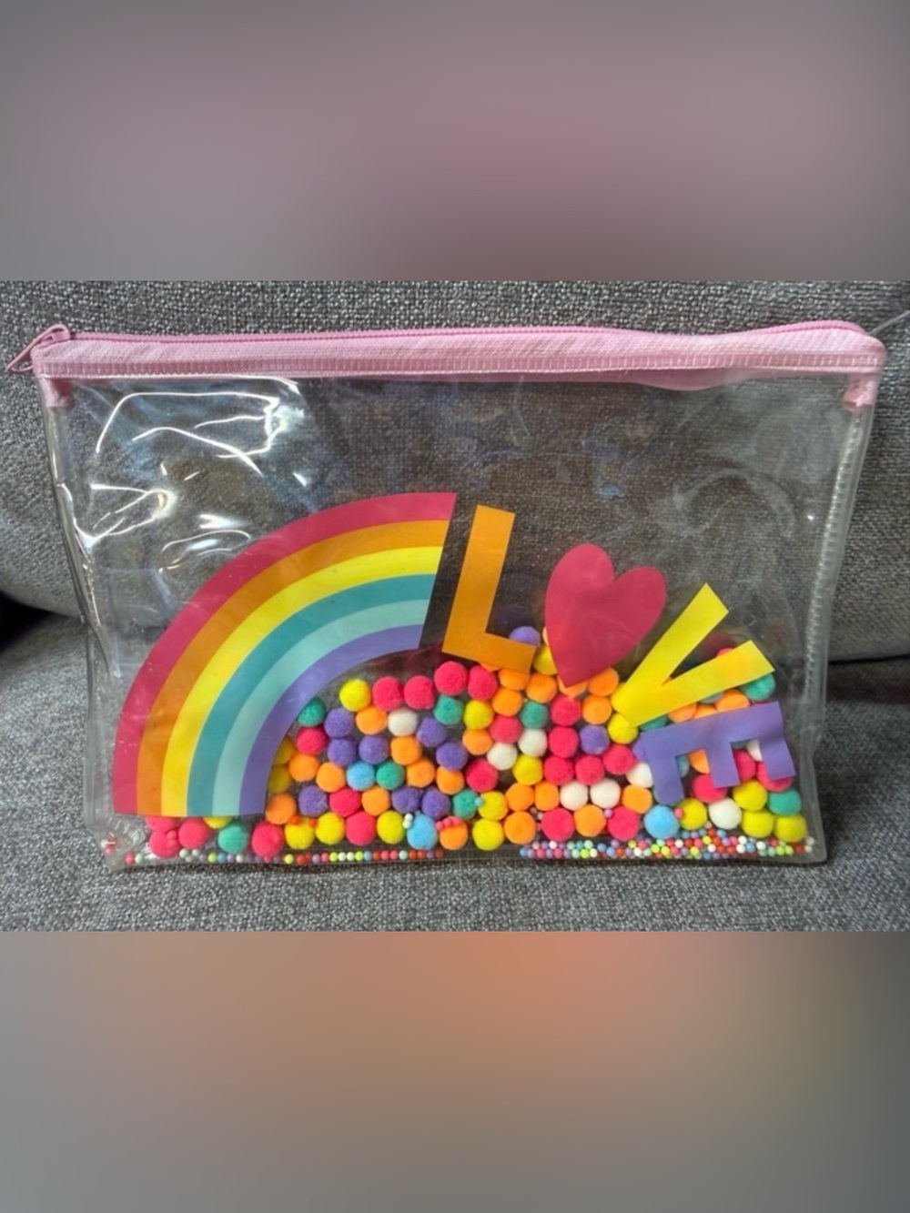 RESERVED FOR DEAJAH Clear Pink Rainbow 'LOVE' Pom-Pom Cosmetic Bag